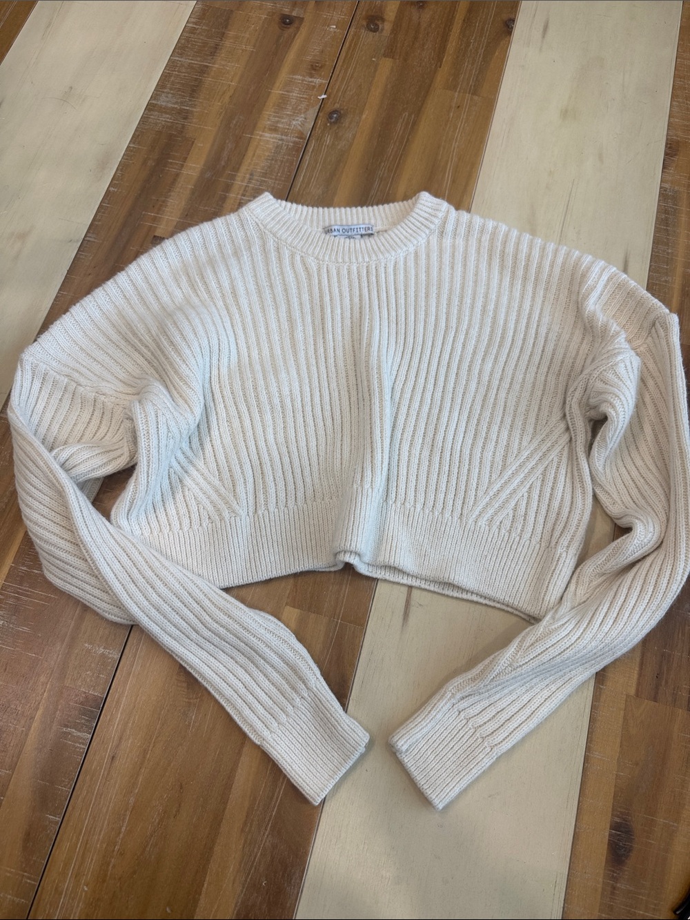 Urban Outfitters Ivory Ribbed Cropped Crewneck Sweater